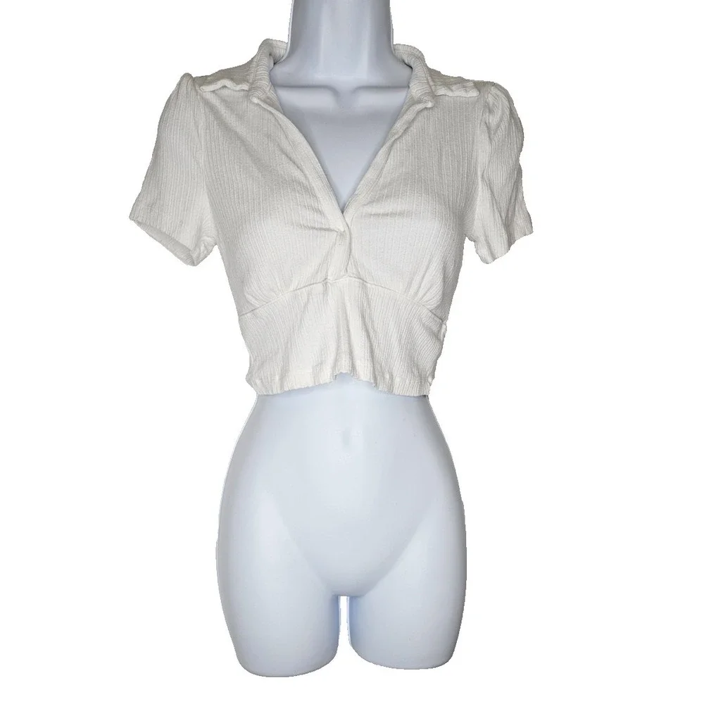 Free People‎ Ivory Ribbed Crop Top Short Sleeve Collared SP Boho Cottagecore